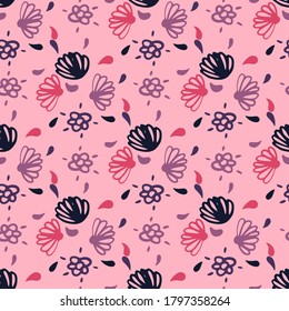 Hand drawn outline botanic flowers seamless pattern. Black, lilac and pink contoures ornament on soft pink background. Designed for wallpaper, textile, wrapping paper, fabric print.