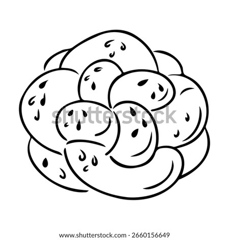 Hand drawn outline of a braided challah bread with poppy or sesame seeds on top. Concept of traditional baking, Jewish culture and festive bread illustration