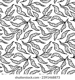 Hand drawn outline branches with long curved leaves with thin veins. Seamless pattern with doodle style tropical branches. Freehand cute foliage wallpaper. Long olives or eucalyptus leaves on twigs.