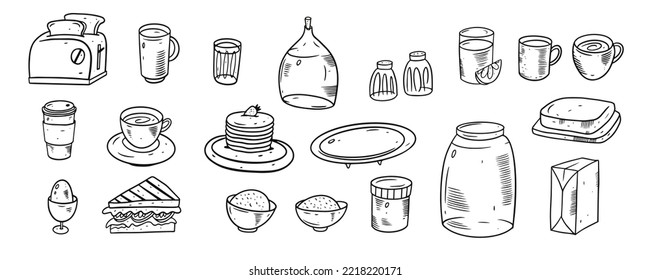 Hand drawn outline breakfast icons elements set. Black color engraving style vector illustration isolated on white background.