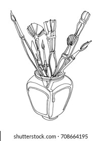 Hand drawn outline brushes in a jar. Vector design element isolated on a white background. Continuous line drawing