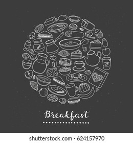 Hand drawn outline buffet style breakfast dishes including eggs, pancakes, beverages, fruits, sandwiches, cereals and yogurt composed in circle shape.
