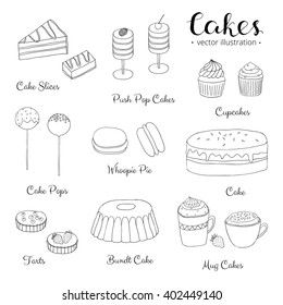 Hand drawn outline cakes isolated on white background.