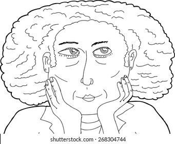 Hand drawn outline of calm female with hands on chin