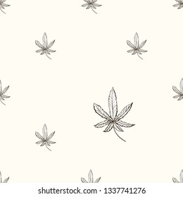 Hand drawn outline cannabis leaf seamless pattern. Natural vintage sketch for medical design. CBD, cannabis, hemp oil. Background for decoration medical article on CBD, hemp oil theme.