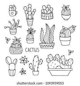 Hand drawn outline catus isolated on white background. Vector cactus in pots collection. Desert plants illustration for stickers, coloring, print, planners