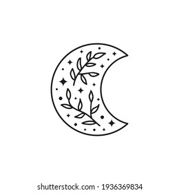Hand drawn outline celestial bohemian crescent icon with leafy twig, stars and dots isolated on white background. Moon child illustration. Boho chic silhouette.