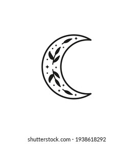 Hand drawn outline celestial bohemian crescent icon with leafy twig, stars and dots isolated on white background. Moon child illustration. Boho chic silhouette.