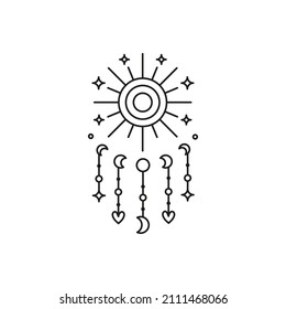 Hand drawn outline celestial bohemian sun with moon phases, hearts and stars isolated on white background. Moon child illustration. Boho chic silhouette.