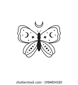 Hand drawn outline celestial butterfly with stars, crescent and moon phases isolated on white background. Witchy magic talisman. Mystical illustration.