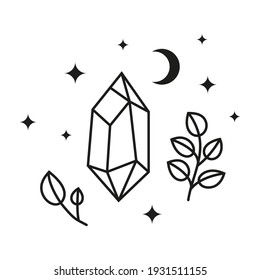 Hand drawn outline celestial crystal with leafy branches, stars and crescent moon isolated on white background. Sacred geometry. Alchemy esoteric magic talisman. Mystical symbol.