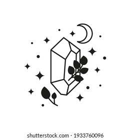 Cristal celestial dibujado a mano con ramas frondosas, estrellas y luna creciente aislados en fondo blanco. Geometría sagrada. Alquimia de talismán esotérico mágico. Símbolo místico.