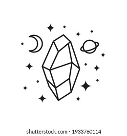 Hand drawn outline celestial crystal with crescent moon, planet and stars isolated on white background. Sacred geometry. Alchemy esoteric magic talisman. Mystical symbol.
