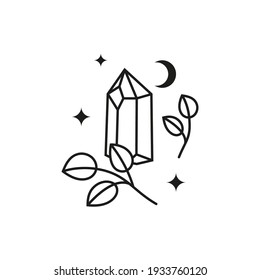 Hand drawn outline celestial crystal with leafy branches, stars and crescent moon isolated on white background. Sacred geometry. Alchemy esoteric magic talisman. Mystical symbol.