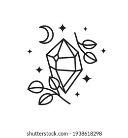 Hand drawn outline celestial crystal with leafy branches, stars and crescent moon isolated on white background. Sacred geometry. Alchemy esoteric magic talisman. Mystical symbol.
