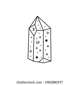 Hand drawn outline celestial crystal with stars, crescent moon and planet isolated on white background. Sacred geometry. Alchemy esoteric magic talisman. Mystical symbol.