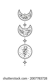 Hand drawn outline celestial floral moon phases isolated on white background. Withy luna. Boho chic silhouette. Suitable for brochures, wall decor, postcards, prints, covers.