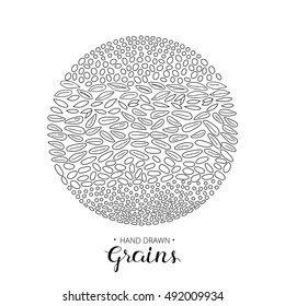 Hand drawn outline cereal grains composed in circle shape on white background.