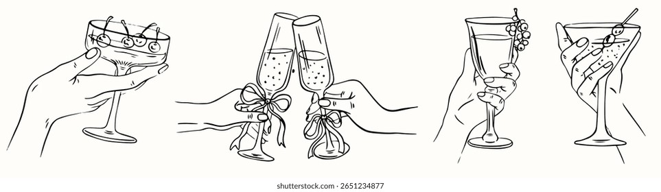 Torcida desenhada à mão. Mãos seguram taças de vinho espumante branco, champanhe ou coquetel. Desenho de fileira de pessoas celebrando. Ilustração vetorial para cartão de saudação, cartão postal, convite, menu.