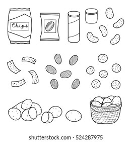 Hand drawn outline chips varieties, snacks, packs, tube boxes and potatoes isolated on white background.