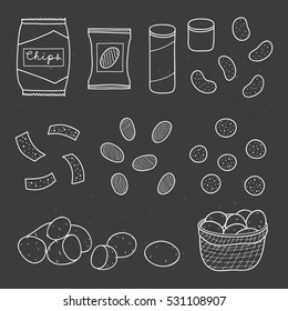 Hand drawn outline chips varieties, snacks, packs, tube boxes and potatoes isolated on the blackboard.