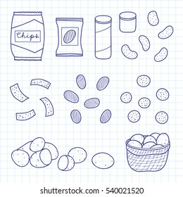 Hand drawn outline chips varieties, snacks, packs, tube boxes and potatoes isolated on graph paper background.