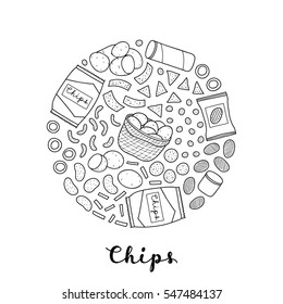 Hand drawn outline chips varieties, snacks, packs, tube boxes and potatoes composed in circle shape.