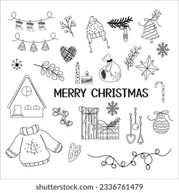 Hand drawn outline christmas decoration, elements