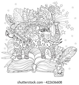 Hand drawn outline circus elephant doodle decorated with ornaments.Vector Floral ornament.Sketch for tattoo or adult coloring pages.Boho style zen art.Seamless pattern