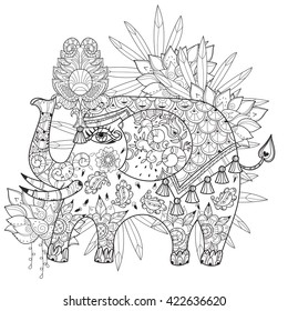 Hand drawn outline circus elephant doodle decorated with ornaments.Vector Floral ornament.Sketch for tattoo or adult coloring pages.Boho style zen art.Seamless pattern