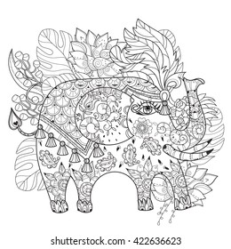 Hand drawn outline circus elephant doodle decorated with ornaments.Vector Floral ornament.Sketch for tattoo or adult coloring pages.Boho style zen art.Seamless pattern