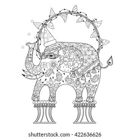 Hand drawn outline circus elephant doodle decorated with ornaments.Vector Floral ornament.Sketch for tattoo or adult coloring pages.Boho style zen art.Seamless pattern
