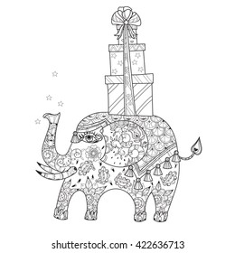 Hand drawn outline circus elephant doodle decorated with ornaments.Vector Floral ornament.Sketch for tattoo or coloring pages.Boho style zen art.Seamless pattern