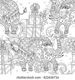Hand drawn outline circus elephant doodle decorated with ornaments.Vector Floral ornament.Sketch for tattoo or coloring pages.Boho style zen art.Seamless pattern