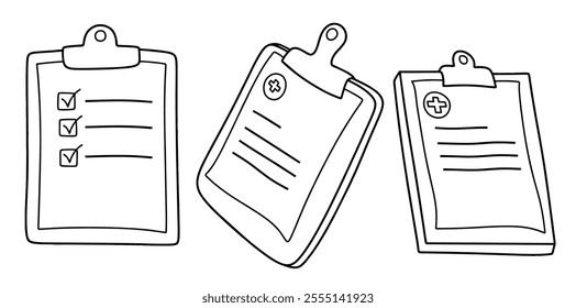 Hand drawn outline clip board. medical tool doodle set with art line style on isolated white background.