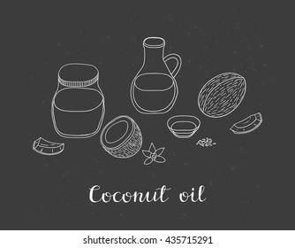 Hand drawn outline coconut oil in glass bottles and raw cocos on the blackboard.