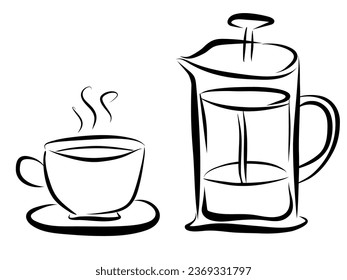 Handgezeichnet Umrisskaffee, Untertasse und Kaffeekanne einzeln auf weißem Hintergrund. Vektorgrafik-Illustration. Perfekt für Druck, Web, Menü und Infografiken.