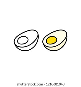 Hand drawn outline and colored cut in half boiled egg isolated on white background.