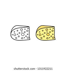 Hand drawn outline and colored emmental cheese isolated on white background.