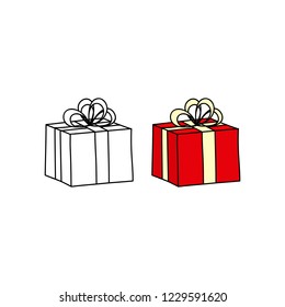 Hand drawn outline and colored gift box with ribbon, bow isolated on white background.