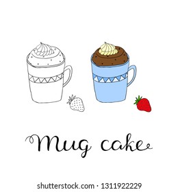 Hand drawn outline and colored mug cake and strawberry isolated on white background.