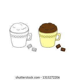 Hand drawn outline and colored mug cake and chocolate isolated on white background.