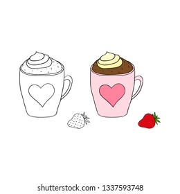 Hand drawn outline and colored mug cake with cream and strawberry isolated on white background.