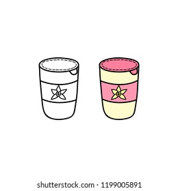 Hand drawn outline and colored vanilla yogurt isolated on white background.