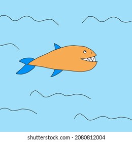 A Hand drawn outline colored vector illustration of a beautiful happy orange whale isolated on a blue background