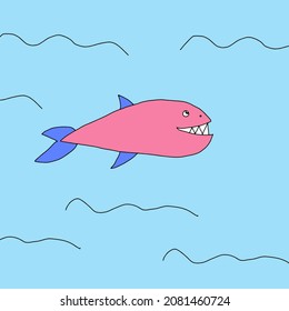 A Hand drawn outline colored vector illustration of a beautiful happy pink whale isolated on a blue background