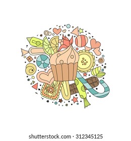 Hand drawn outline colorful cupcakes, cookies, sweets and chocolate.