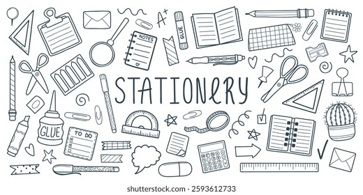 Elementos de papelaria coloridos desenhados à mão definidos. Elementos escolares bonitos com linha colorida de canetas, cadernos, governantes. Ilustração vetorial de educação infantil