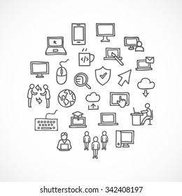 Hand drawn outline computer and internet icons on white background
