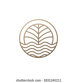 hand drawn outline concept of palm tree and ocean silhouette